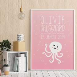 Navnetavle med blæksprutte i lyserød