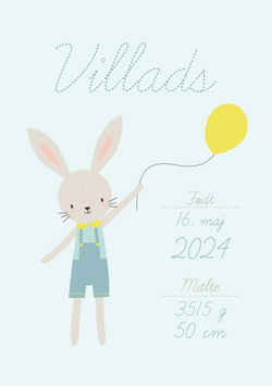 Fødselstavle med kanin med ballon - Lyseblå
