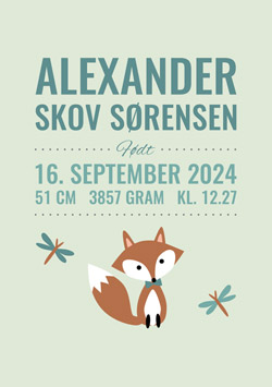 Plakat fødselstavle med ræv for børn - lyseblå