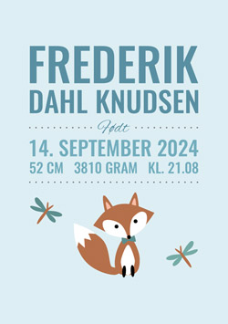 Plakat fødselstavle med ræv for børn - lyseblå