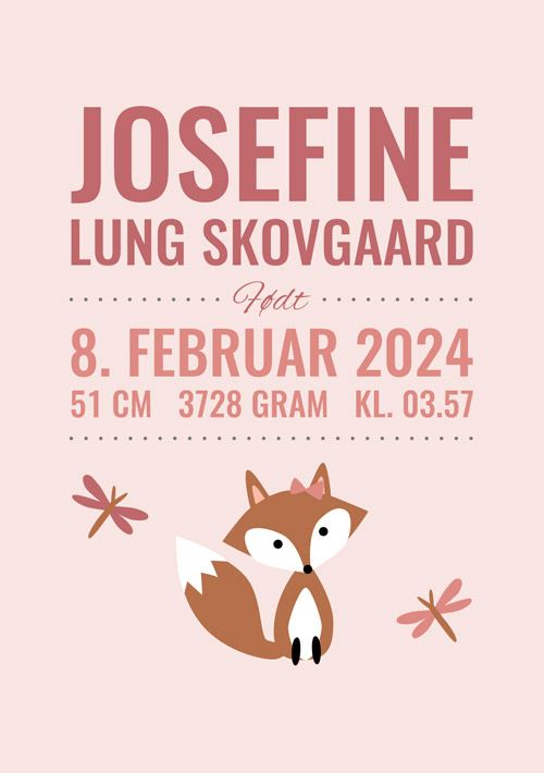 Plakat fødselstavle med ræv for børn - lyserød