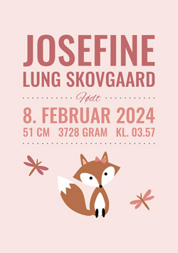 Plakat fødselstavle med ræv for børn - lyserød