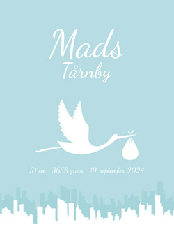 Fødselstavle - Grafisk plakat med stork over byens tage