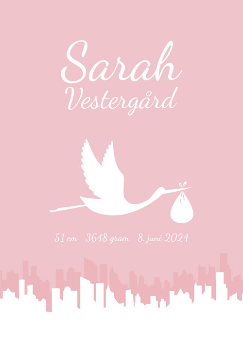 Fødselstavle - Grafisk plakat med stork over byens tage