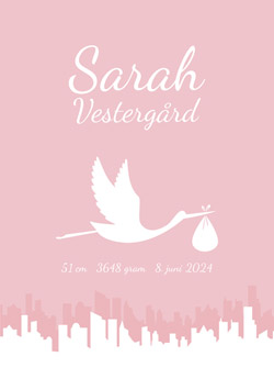 Fødselstavle - Grafisk plakat med stork over byens tage