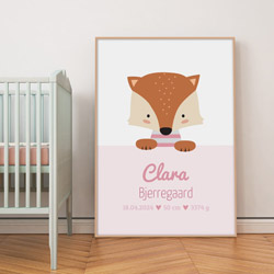 Sød navneplakat med ræv og lyserøde farver