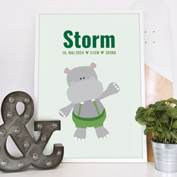 Navnetavle med flodhest til børneværelset