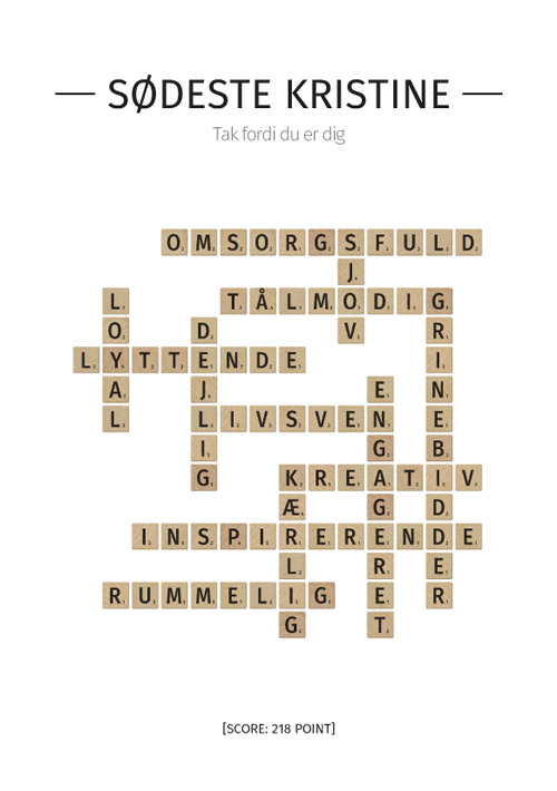 Takkeplakat med scarbblebogstaver