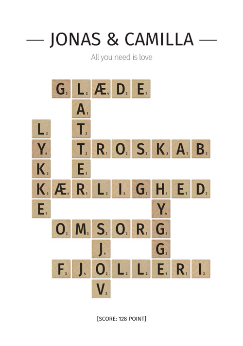 Kreativ scrabble-plakat til bryllup