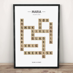 Plakat med scrabble til studentergaven