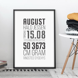 Flot grafisk fødselstavle i sort hvid