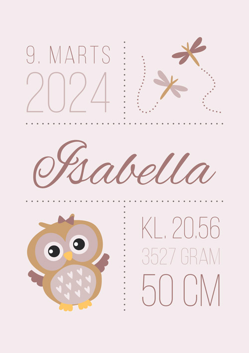 Uglefødselstavle til baby - lilla