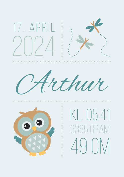 Lyseblå ugle fødselstavle til baby