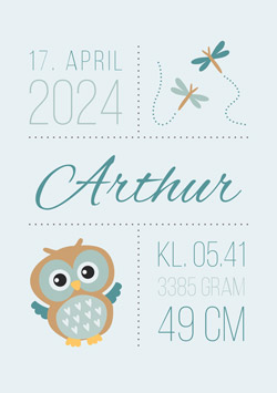 Lyseblå ugle fødselstavle til baby