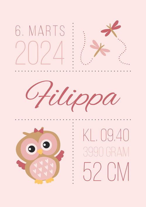 Flot fødselstavle med ugle til børneværelset