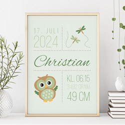 Fødselstavle med ugle til børneværelset